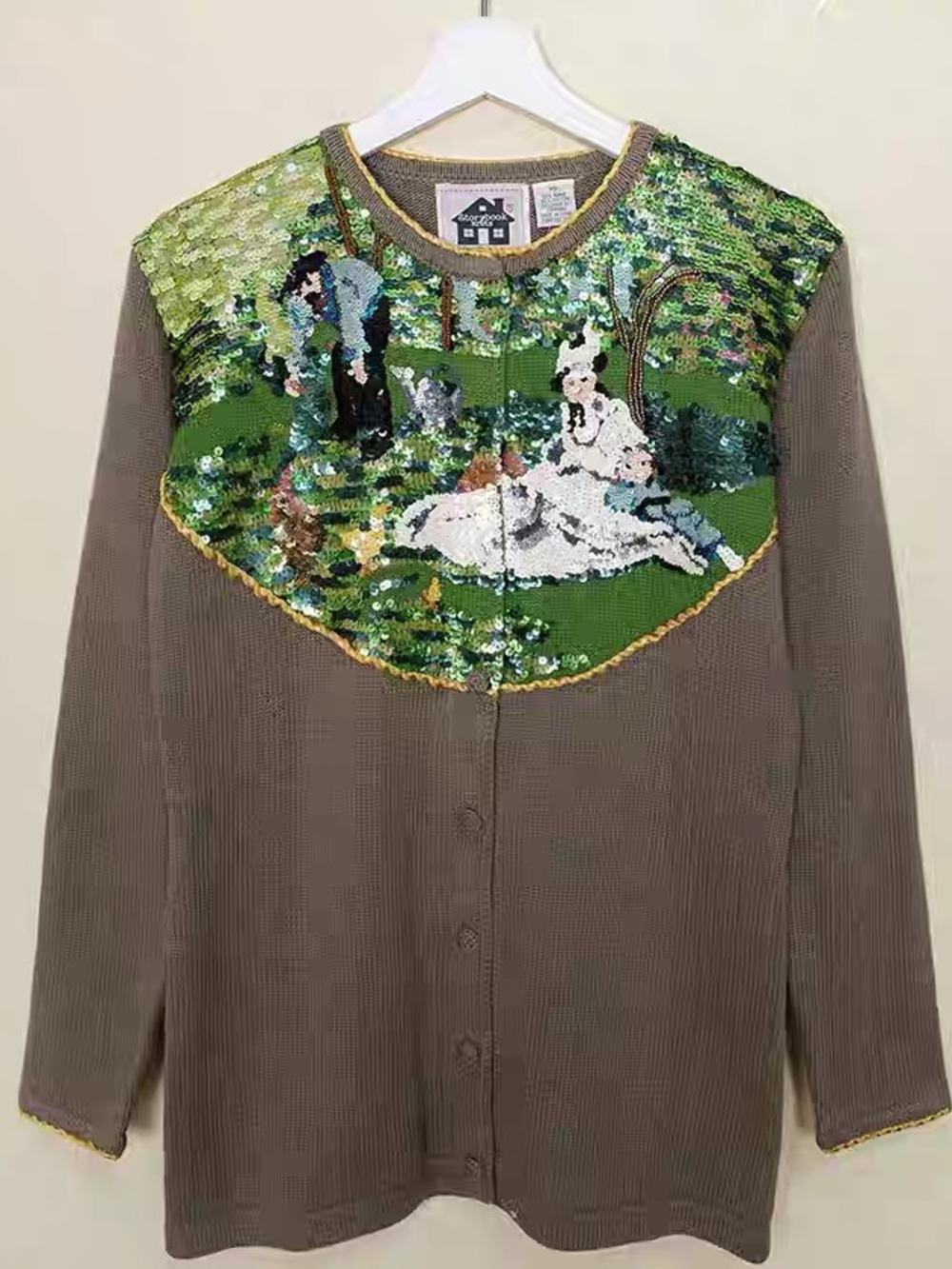 Vintage Storybook Knits Sequin Grandmacore Landscape Lady Scene Cardigan Sweater